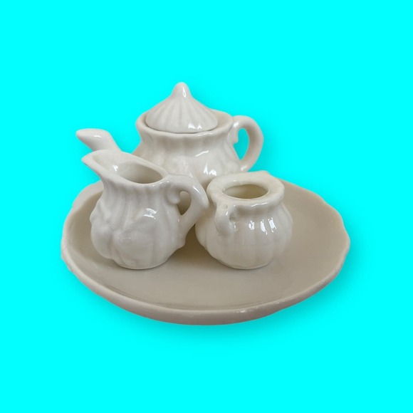 Doll Dishes, Doll Tea Set, Toy Dishes, Tiny Dishes, Roses, 5 pieces White 2” T - Picture 3 of 9